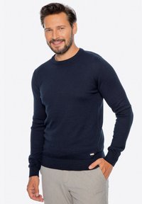 Maglione a maglia blu navy con scollo rotondo e polsini a coste, realizzato in tessuto morbido. Presenta un'etichetta con logo discreto vicino all'orlo. Design leggero.