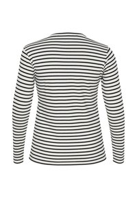 T-shirt à manches longues en rayures horizontales noir et blanc. Doté d'un col rond et d'un tissu doux et extensible avec une texture lisse.