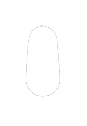 Collana in argento con piccoli anelli cilindrici e rotondi, con una texture liscia e chiusura a moschettone.