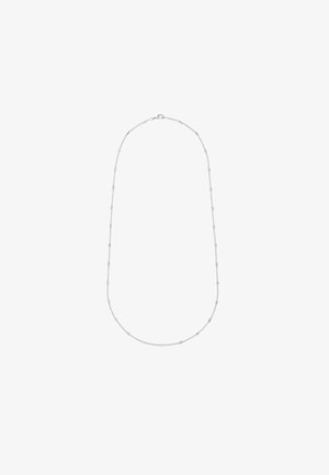 Srebrny naszyjnik łańcuszkowy z małymi, cylindrycznymi i okrągłymi ogniwami, o gładkiej teksturze oraz z zapięciem na karabińczyk.