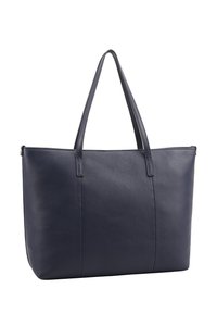 Marine lederen tote bag met een gladde textuur, twee lange handvatten en een minimalistisch ontwerp; heeft gestikte details aan de voorkant.