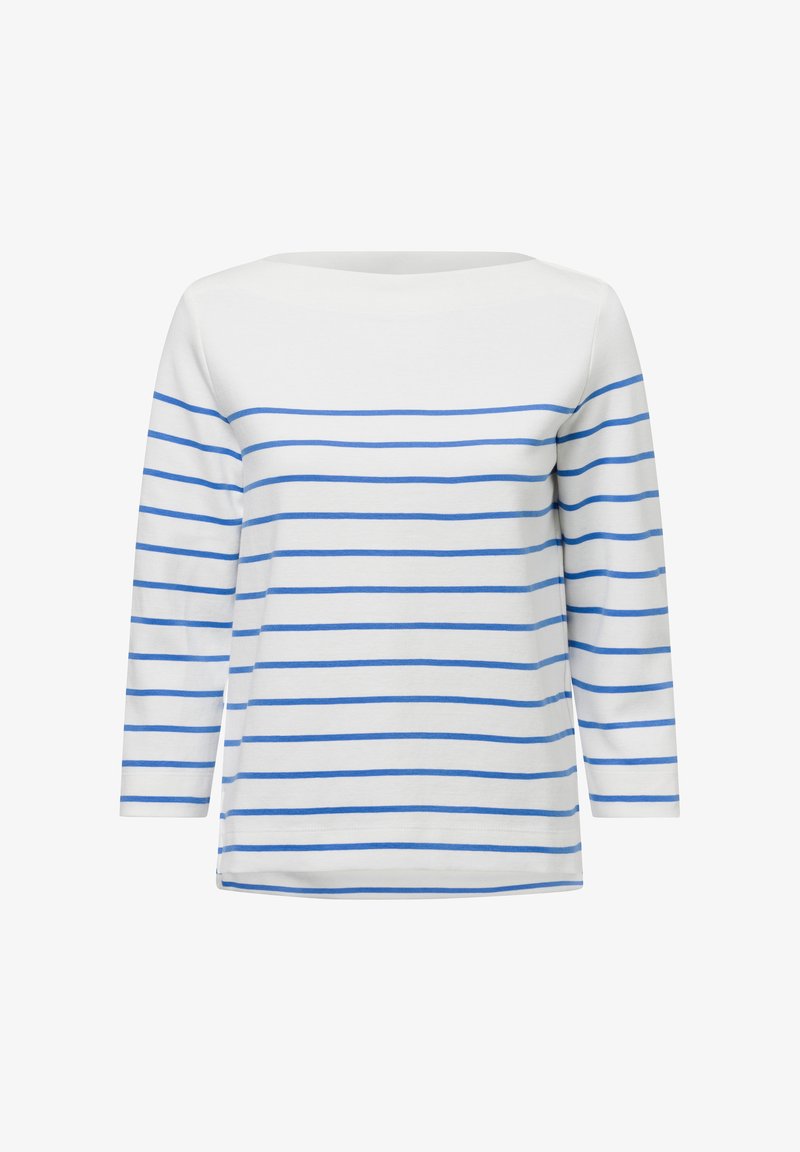 Langarmtop van witte katoen met blauwe horizontale strepen. Brede halslijn en rechte snit met stiksel details aan de zoom.