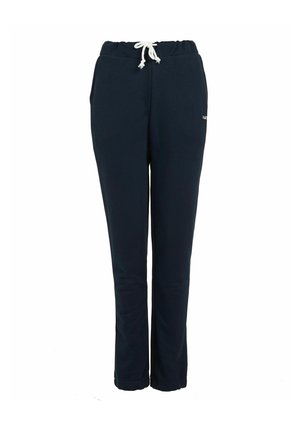 Granatowe dresy z elastycznym paskiem, bocznymi kieszeniami i zwężanym krojem nogawek. Wykonane z miękkiego, teksturowanego materiału.