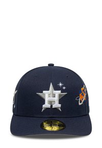 Cappellino da baseball blu con una stella bianca e logo "H", due piccole stelle e designs ricamati colorati di pianeti e razzi sui lati.