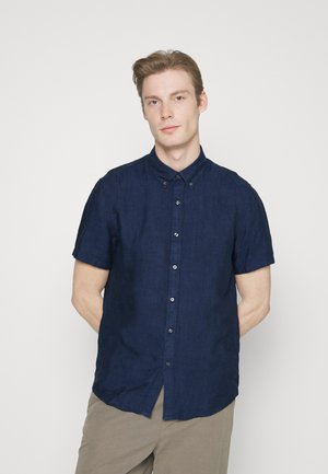 Korte mouwen, knoopsluiting overhemd van marineblauwe linnen met een kraag, voor knopen en een eenvoudig ontwerp. Glad textuur en casual pasvorm.