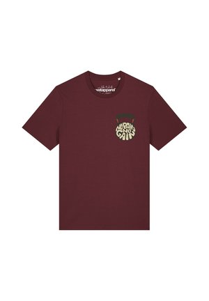 Weinrotes kurzärmeliges T-Shirt mit einer Kettlebell-Grafik auf der Brust, die den Text "No pain no gain." darstellt