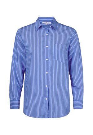 Blauwe overhemd met lange mouwen van gladde stof met verticale witte strepen, met knopen aan de voorkant en een linkse borstzak. Manchet- en kraagdetails zichtbaar.