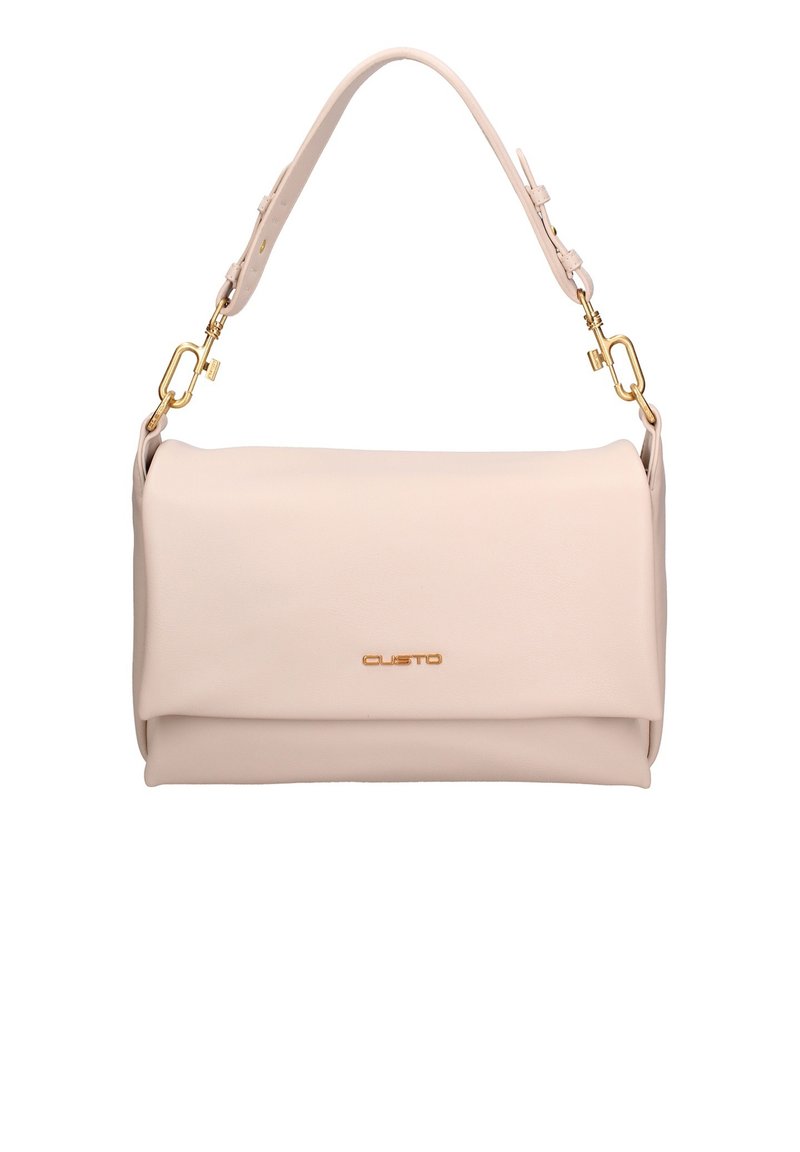 Sac à main rose pâle en cuir lisse avec un design plié, accents en métal doré, et une bandoulière ajustable courte. Logo de la marque affiché.
