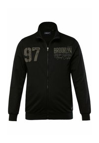 Black zip-up jacket made of textured fabric, featuring printed graphics of "BROOKLYN" and "97" in a contrasting color on the front.