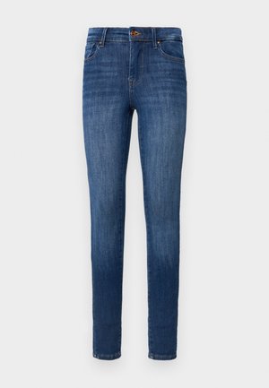 Jean en denim bleu avec une coupe slim, comportant cinq poches, une fermeture à un bouton, et une décoloration subtile pour ajouter de la texture.
