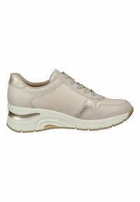 Beige leather athletic shoe with a textured finish, featuring a light gold accent on the heel and a white and beige sole.