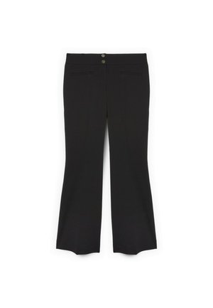 Pantaloni neri eleganti con due bottoni frontali e tasche a filetto con apertura davanti, gambe a taglio dritto, mostrati distesi su uno sfondo bianco.