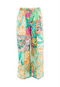 Pantalones amplios y fluidos con un diseño de patchwork, que presentan colores vibrantes como verde, rosa y naranja, con patrones florales y una cintura con cordón.