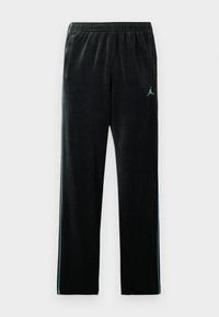 Juodi velūro kelnės su laisvu siluetu, elastinga juosmens juosta ir šviesiai mėlynomis šoninėmis juostomis. Priekyje kairėje blauzdoje yra maža mėlyna logotipo etikėtė.