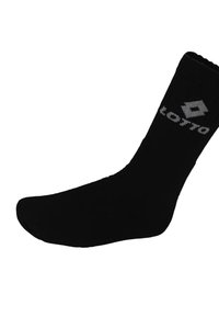 Calzino sportivo nero realizzato in materiale morbido ed elastico. Presenta una parte superiore a coste e un logo grigio stampato sul lato.