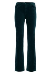 Uitlopende corduroy broek in diep teal, met een vijf-pocket ontwerp, sluiting met een knoop aan de voorkant en een textuur met ribbels.