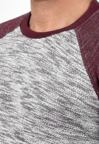 Maglione grigio e bianco con un motivo a trama, dotato di maniche raglan color bordeaux e un classico scollo a girocollo.