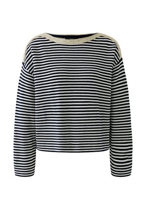 Langärmeliges Pullover in Marineblau und Weiß mit horizontalen Streifen und weitem Ausschnitt, der mit goldglänzendem Stoff eingefasst ist.