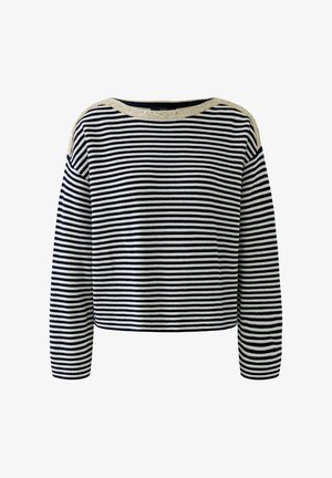 Langärmeliges Pullover in Marineblau und Weiß mit horizontalen Streifen und weitem Ausschnitt, der mit goldglänzendem Stoff eingefasst ist.