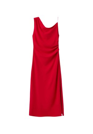 Vestido midi rojo sin mangas con escote asimétrico y abertura lateral, con un ligero fruncido en el lado derecho.