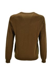 Maglione marrone a maniche lunghe visto di lato, con polsini e orlo a costine e un semplice colletto rotondo, su uno sfondo bianco.