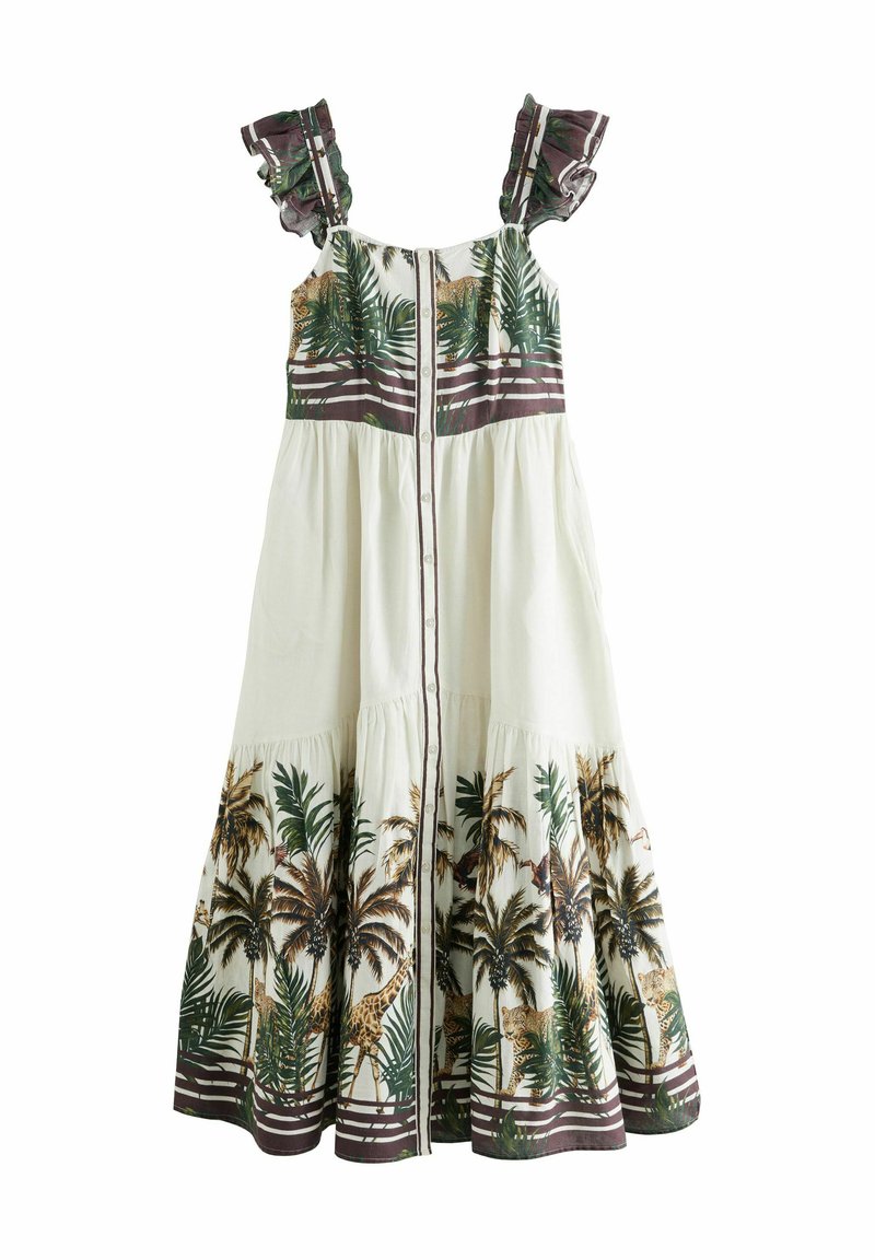 Robe blanche sans manches avec des bretelles à volants, imprimé palmiers et animaux, devant à boutons, et jupe à volants avec des rayures horizontales.