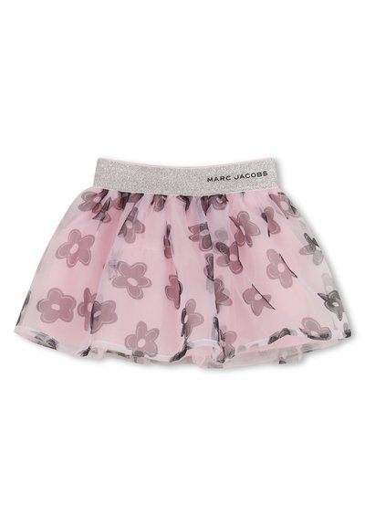 Ροζ τούλινη φούστα με λουλούδια και ελαστική μέση με ασημί γκλίτερ, με ετικέτα Marc Jacobs, με στρωματοποιημένο ύφασμα και διακοσμητικά μοτίβα με μεγάλα λουλούδια.