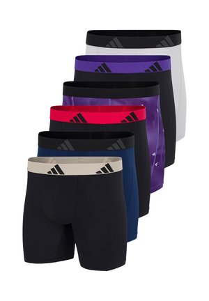 Seks par Adidas herre boxershorts med sorte eller farvede linninger i sort, blå, lilla, rød, hvid og mønstret lilla.