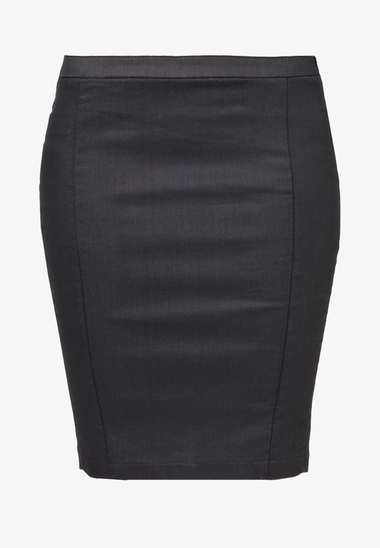 Jupe crayon noire longueur genou avec une silhouette ajustée et des détails subtils de coutures verticales sur les côtés avant.