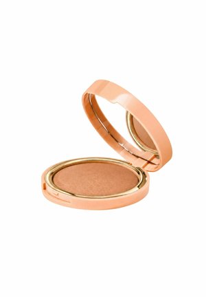Compact open makeup powder case with beige powder and built-in mirror inside the lid on a white background.