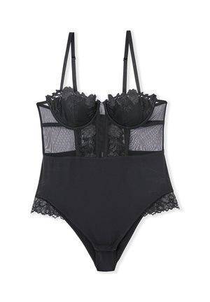 Black bodysuit with lace trim, molded cups, and sheer panels. Features adjustable straps and a hook-and-eye closure at the front.