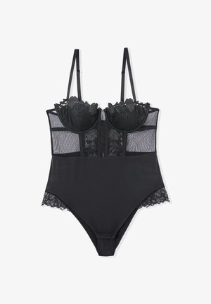 Black bodysuit with lace trim, molded cups, and sheer panels. Features adjustable straps and a hook-and-eye closure at the front.