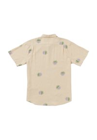 Camicia a maniche corte in tessuto beige, con un motivo di design circolari colorati in verde e viola. Collo classico e orlo dritto.