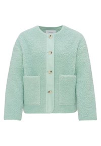Mintgrüner Fleece-Pullover mit rundem Ausschnitt, vorderem Knopfverschluss und zwei aufgesetzten Taschen. Weicher Stoff mit subtilen Oberflächendetails.