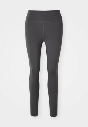 Leggings noirs avec une taille haute, texture lisse et coupe slim. Comprend des poches latérales et des détails de couture contrastants.