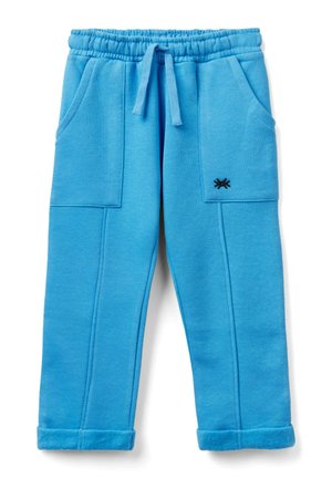 Blå fleecebukser med elastisk talje, snøre, forlommer med lap, lille sort broderet logo og opbukket kant.