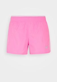 Rosa träningsshorts med elastisk midja, tillverkade av lätt material. Har en silvrig Nike-logotyp på nedre högra sidan.