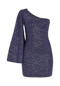Rochie cu o singură umăr, de culoare bleumarin închis, cu un model strălucitor cu puncte argintii, având o manșetă clopot și o siluetă ajustată.