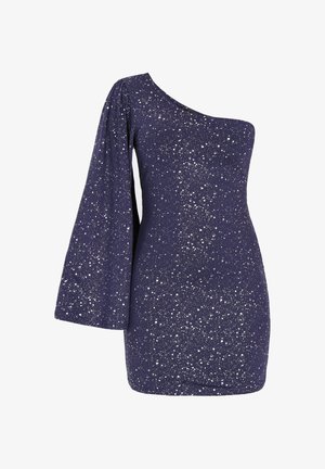 Sukienka na jedno ramię w ciemnym granacie z połyskującym srebrnym wzorem, z bufiastym rękawem i dopasowaną sylwetką.