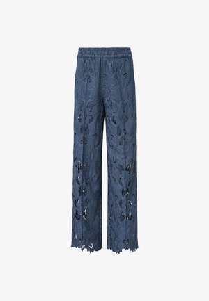 Navy blue loose-fitting pants made of embroidered lace with cut-out floral patterns and scalloped hem. Elastic waistband for comfort.
