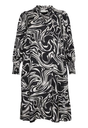 Rochie abstractă în alb și negru cu un model spiralat, cu mâneci lungi și umflate și un decolteu mic în formă de V; confecționată dintr-un material ușor.