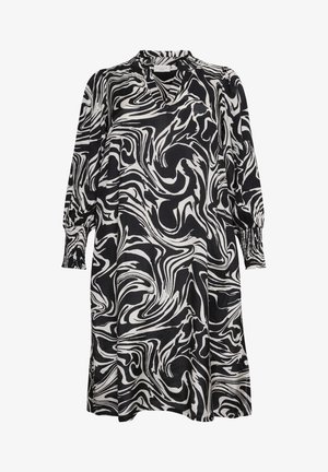 Mustvalge abstraktse keerise mustriga kleit, millel on pikad, volüümikad varrukad ja väike V-kaelus; valmistatud kergest kangast.