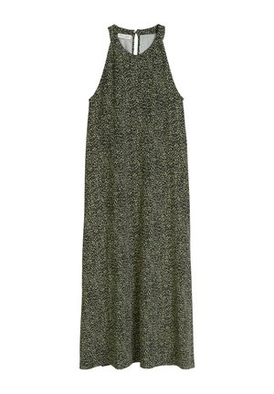 Dunkelgrünes ärmelloses Kleid mit einem dezenten weißen Punktmuster, rundem Ausschnitt und einem Schlüsselloch-Rücken mit einem einzelnen Knopfverschluss.