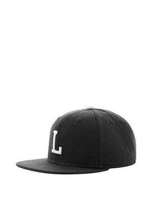 Black cap with a flat brim, featuring a white embroidered "L" on the front and subtle textured fabric. Adjustable closure at the back.
