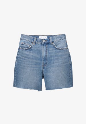 Blå denimshorts med rå nederkant, med knäppning, fem fickor och en blekt tvätt, tillverkade av bomull.