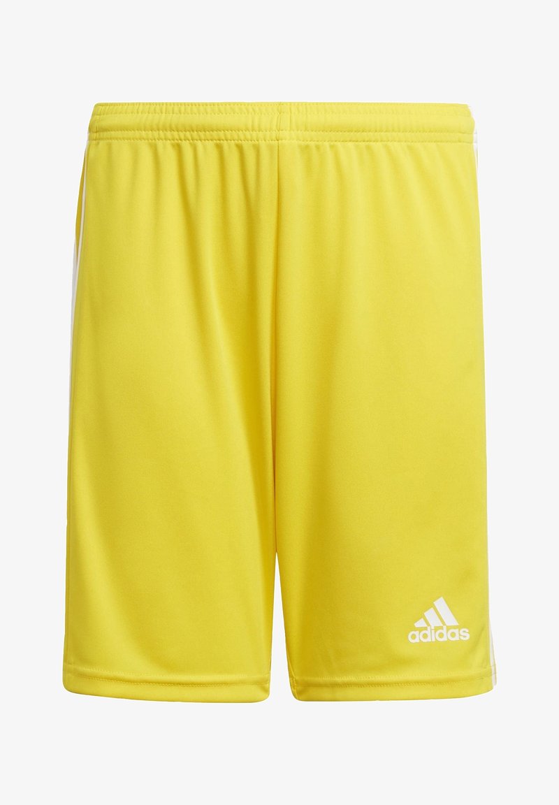 Pantalones cortos deportivos amarillos brillantes con cintura elástica, logo blanco de Adidas en la parte inferior derecha y rayas laterales sutiles.