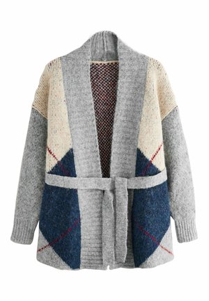 Gray-knit cardigan featuring a belted waist, oversized shawl collar, and an abstract pattern in cream, navy, and burgundy accents.