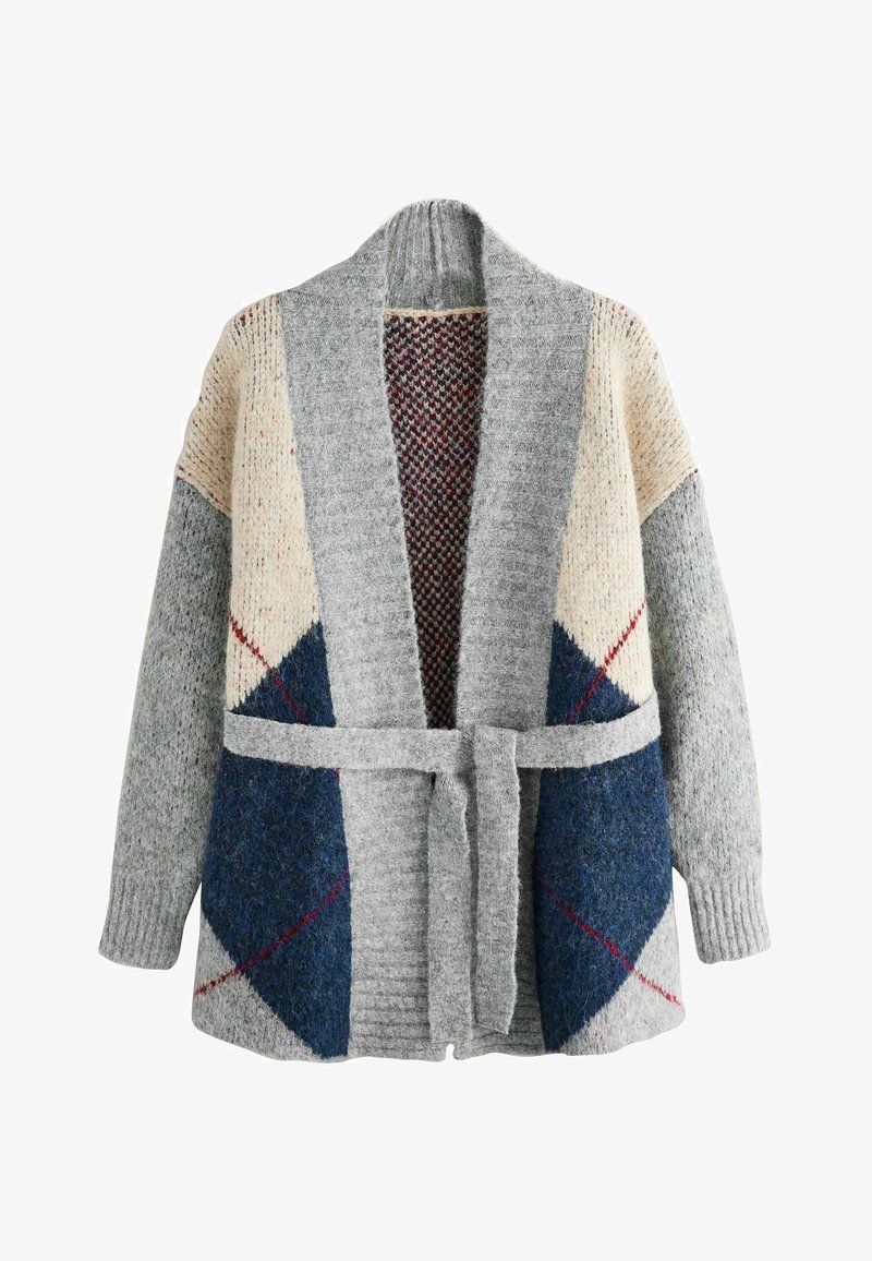 Grauer Strickcardigan mit einem taillierten Design, übergroßem Schalkragen und einem abstrakten Muster in cremefarbenen, marineblauen und burgunderroten Akzenten.