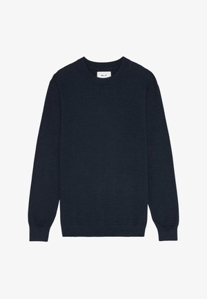 Maglione a maglia blu navy con texture a coste, scollo rotondo e maniche lunghe. L'orlo e i polsini sono a coste, con un sottile dettaglio di design.