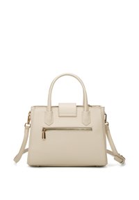 Borsa a tracolla in pelle beige con design strutturato, doppi manici, tracolla removibile e tasca frontale con zip. Finiture in metallo color oro.